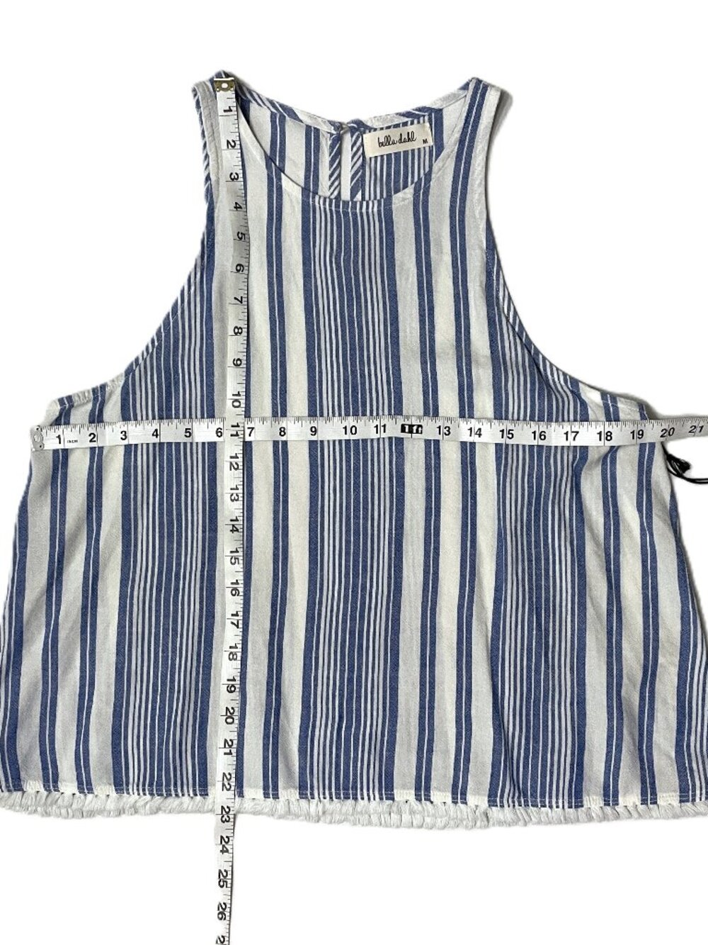 Bella Dahl Linen Blend Swing Tank Top M Blue White Stripe Fringe Frayed Coastal - Picture 8 of 12